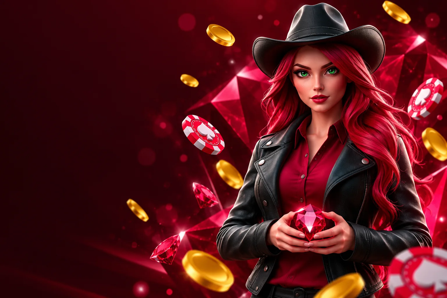 Rothaarige Ruby-Reels-Heldin mit schwarzem Cowboyhut, Rubin und Goldmünzen